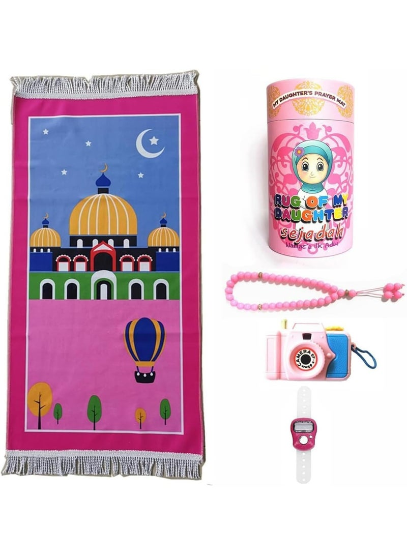 Premium Kids Prayer Mat Gift Set for  Ramadan Girls – Large Padded Sejadah with Prayer Beads, Digital Counter, Toy Camera & Money Box – Educational Islamic Gift - Image 4